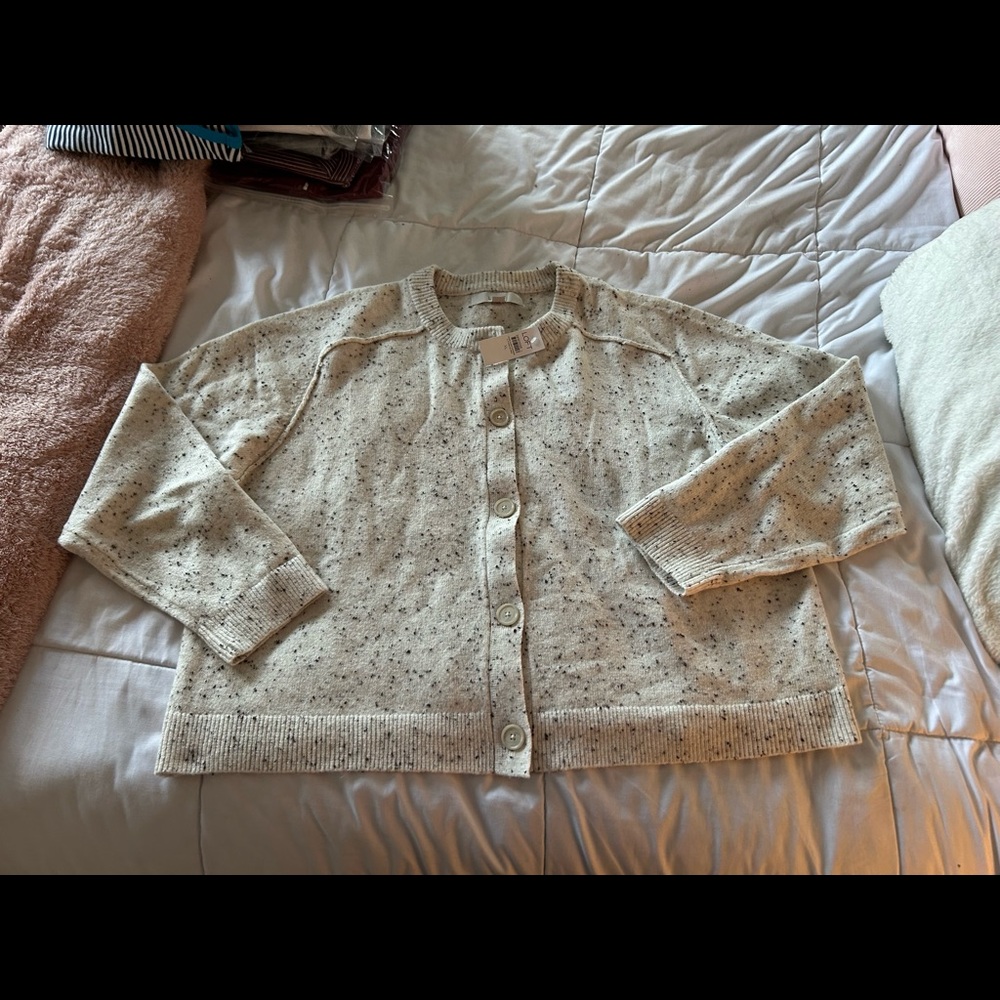 NWT New LOFT White Black Speckled Cardigan Sweater XL